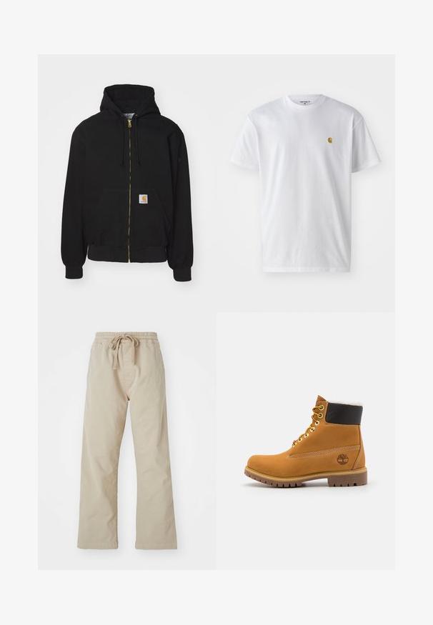 Sudadera con cremallera negra hecha de mezcla de algodón. Cuenta con una cremallera dorada, capucha con cordón, bolsillo tipo canguro y una pequeña etiqueta de logo en la parte frontal.; Camiseta de algodón blanca con mangas cortas, cuello redondo, que presenta un pequeño logo dorado en la parte izquierda del pecho. Textura suave y corte regular.; Pantalones de algodón beige con cintura elástica y cordón ajustable. Diseño de pierna recta, textura suave y sin patrones o acentos visibles.; Botín de cuero marrón con ojales de metal, forro de piel sintética blanca, cuello acolchado negro, suela resistente y logotipo en relieve en el costado.