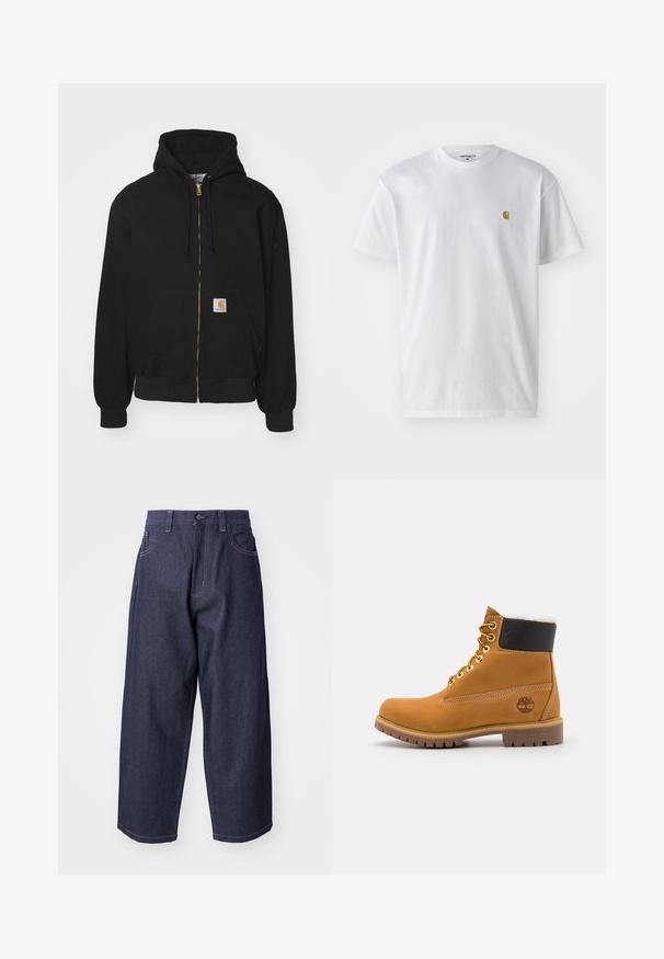 Schwarze Zip-Hoodie aus Baumwollmischung. Mit einem goldenen Reißverschluss, Kordelzugkapuze, Eingrifftasche und einem kleinen Logoetikett auf der Vorderseite.; Weißes Baumwoll-T-Shirt mit kurzen Ärmeln, Rundhalsausschnitt, mit einem kleinen goldenen Logo im linken Brustbereich. Weicher Stoff und normale Passform.; Dunkelblaue Denim-Jeans mit einem lockeren, weiten Schnitt. Zu den Merkmalen gehören ein Knopfverschluss, Fronttaschen und sichtbare Nähte.; Braune Leder-Ankle-Boots mit Metallösen, weißem Kunstfellfutter, schwarzem gepolstertem Kragen, robustem Sohlenprofil und geprägtem Logo an der Seite.