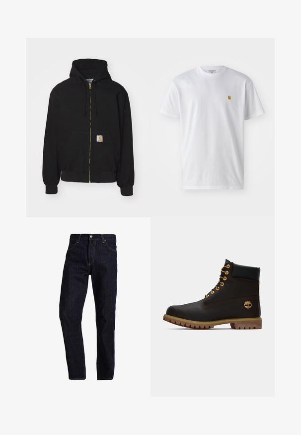 Sort zip-hoodie lavet af bomuldsblanding. Har en gylden lynlås, snoretræk til hætten, kængurulomme og et lille logo-mærke foran.; Hvid bomulds t-shirt med korte ærmer, rund hals og et lille guld logo på venstre brystområde. Blød tekstur og almindelig pasform.; Mørkeblå denim jeans med lige pasform, med gul syning, fem lommer og en klassisk knap- og lynlås lukning.; Sorte læder ankelstøvle med gyldne øjer, brune detaljer og gummisål. Har en polstret krave og præget logo på siden.