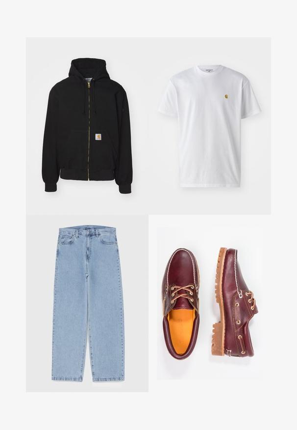 Zwarte zip-up hoodie gemaakt van een katoenmix. Kenmerkt zich door een gouden rits, een capuchon met trekkoord, een buidelzak en een klein logo-label aan de voorkant.; Witte katoenen t-shirt met korte mouwen en ronde hals, voorzien van een klein gouden logo op de linkerkant van de borst. Zachte textuur en een normale pasvorm.; Lichtblauwe denim jeans met een recht model, voorzien van een middelhoge taille, vijf zakken en een knoop- en ritssluiting.; Bordeaux leren schoenen met bruine rubberen zolen, ronde neus, witte stiksels en gouden veterogen. Het interieur heeft een gele voering.
