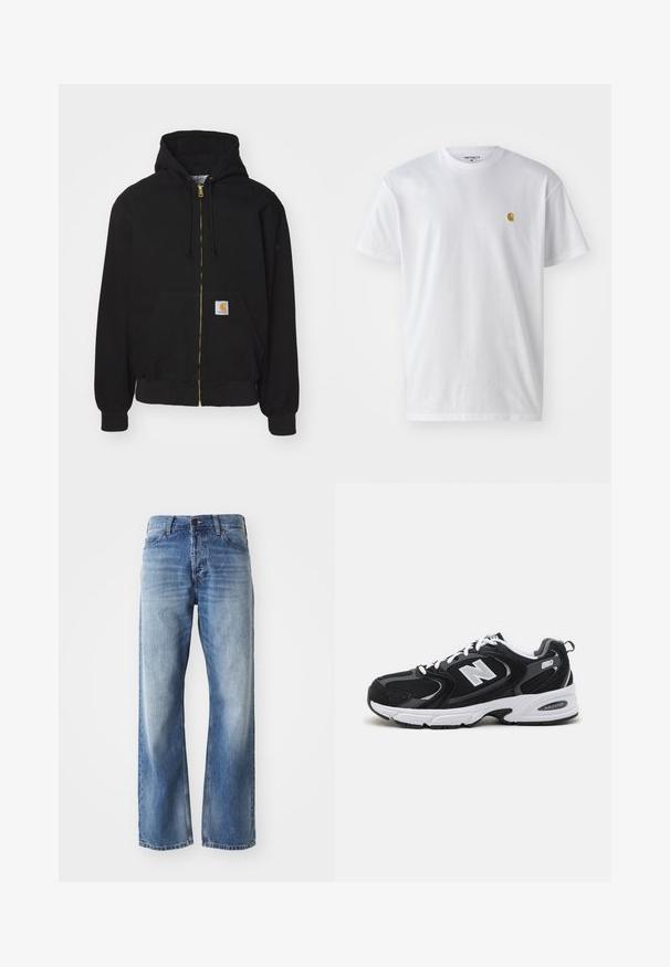 Hoodie zippé noir en mélange de coton. Présente une fermeture éclair dorée, une capuche avec cordon de serrage, une poche kangourou et une petite étiquette logo sur le devant.; T-shirt en coton blanc à manches courtes, col rond, avec un petit logo doré sur la poitrine gauche. Texture douce et coupe régulière.; Jean en denim bleu à jambes droites avec un léger délavage sur les cuisses et les genoux, comprenant cinq poches et une fermeture à bouton.; Baskets de sport noires et grises avec un tige en mesh et en suède, présentant une semelle intermédiaire blanche, des lacets et un logo "N" audacieux sur le côté.