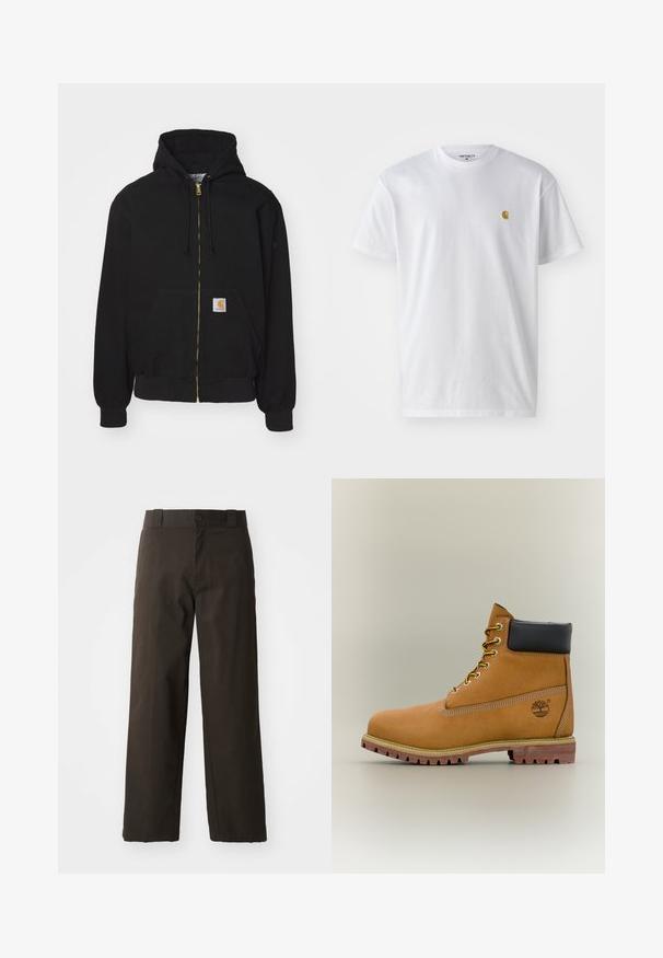 Zwarte zip-up hoodie gemaakt van een katoenmix. Kenmerkt zich door een gouden rits, een capuchon met trekkoord, een buidelzak en een klein logo-label aan de voorkant.; Witte katoenen t-shirt met korte mouwen en ronde hals, voorzien van een klein gouden logo op de linkerkant van de borst. Zachte textuur en een normale pasvorm.; Zwarte katoenen broek met een recht model, voorzien van een knoopsluiting en een klassieke tailleband. Gladde textuur, zonder patronen of accenten.; Bruine leren enkellaars met zwarte kraag, gele veters en een zandkleurige zool. Voorzien van een logo en witte stikseldetails. Robuuste loopzool met grip.