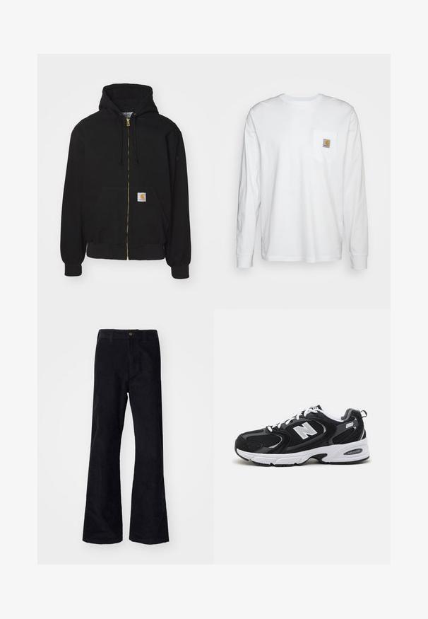 Schwarze Zip-Hoodie aus Baumwollmischung. Mit einem goldenen Reißverschluss, Kordelzugkapuze, Eingrifftasche und einem kleinen Logoetikett auf der Vorderseite.; Langärmliges, weißes Hemd aus Baumwolle mit einer Brusttasche und einem quadratischen Logopatch. Einfaches Design mit rundem Ausschnitt und gefütterten Ärmeln.; Schwarze, baumwollene Schlaghose mit traditionellem Bund, einem einzelnen vorderen Knopf und Taschen an den Seiten und hinten. Glatte Textur.; Schwarze und graue Sportschuhe mit Obermaterial aus Mesh und Wildleder, ausgestattet mit einer weißen Zwischensohle, Schnürsenkeln und einem markanten "N"-Logo an der Seite.