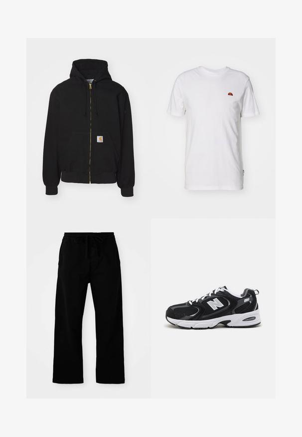 Schwarze Zip-Hoodie aus Baumwollmischung. Mit einem goldenen Reißverschluss, Kordelzugkapuze, Eingrifftasche und einem kleinen Logoetikett auf der Vorderseite.; Weißes Baumwoll-T-Shirt mit kurzen Ärmeln und Rundhalsausschnitt. Verfügt über ein kleines, farbenfrohes Logo auf der linken Brustseite. Weicher Stoff.; Schwarze, elastische Hosen mit verstellbarem Kordelzug, weitem Bein und glatter Baumwollstruktur. Keine sichtbaren Muster oder Hardware-Details.; Schwarze und graue Sportschuhe mit Obermaterial aus Mesh und Wildleder, ausgestattet mit einer weißen Zwischensohle, Schnürsenkeln und einem markanten "N"-Logo an der Seite.
