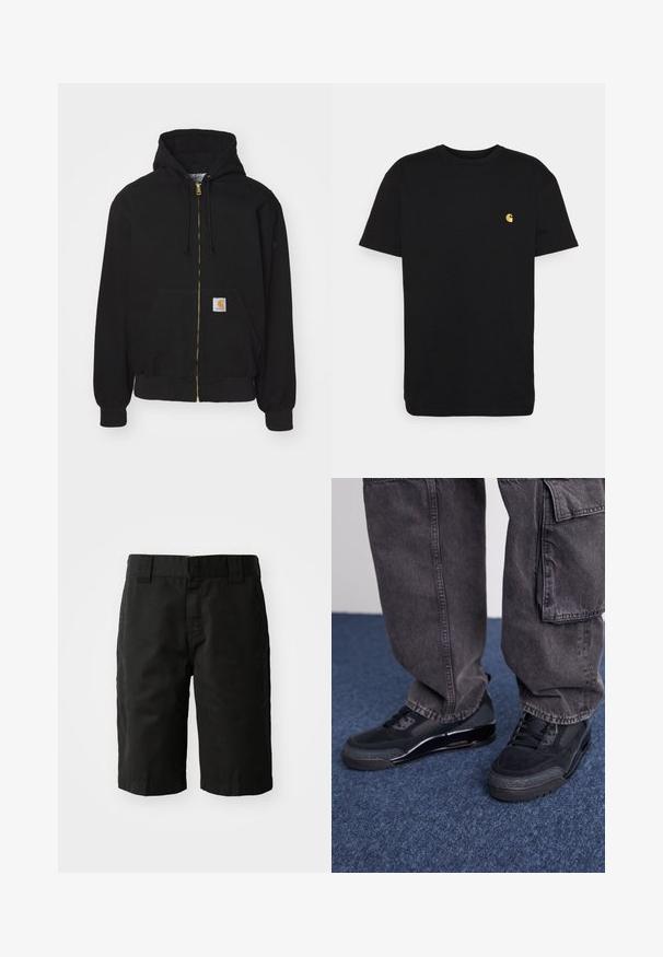 Zwarte zip-up hoodie gemaakt van een katoenmix. Kenmerkt zich door een gouden rits, een capuchon met trekkoord, een buidelzak en een klein logo-label aan de voorkant.; Zwarte katoenen t-shirt met korte mouwen, ronde hals en een klein geel logo op de linker borst. Eenvoudig ontwerp en normale pasvorm.; Zwarte katoenen shorts met een rechte snit, riemlussen en een vlakke voorkant. Voorzien van zijzakken en een gladde textuur.; Zwarte sportieve schoenen met een gestructureerd oppervlak, gladde accenten en een chunky zool, gecombineerd met donkere, loszittende cargo pants.