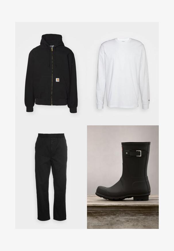 Sort zip-hoodie lavet af bomuldsblanding. Har en gylden lynlås, snoretræk til hætten, kængurulomme og et lille logo-mærke foran.; Hvid langærmet T-shirt lavet af bomuld. Rund halsudskæring med ribbede manchetter og et lille logo på venstre ærme. Glat tekstur.; Sorte bomuldsbukser med elastisk talje, lige ben og sidelommer. Glat tekstur uden mønstre eller accenter.; Sorte gummistøvler med lav hæl, rund tå og en sølv spændeaccent. Har en tekstureret sål for godt fodfæste.