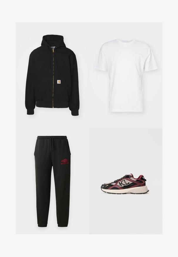 Sort zip-hoodie lavet af bomuldsblanding. Har en gylden lynlås, snoretræk til hætten, kængurulomme og et lille logo-mærke foran.; Hvid bomulds T-shirt med korte ærmer, rund halsudskæring og en glat tekstur. Enkel design uden mønstre eller grafik.; Sorte sweatpants med elastisk talje og manchetter, sidelommer og rødt Umbro-logo på venstre lår.; Sportsko i sort, burgunder og creme. Har åndbart mesh-overdel, tyk gummisål og fremtrædende logo på siden.