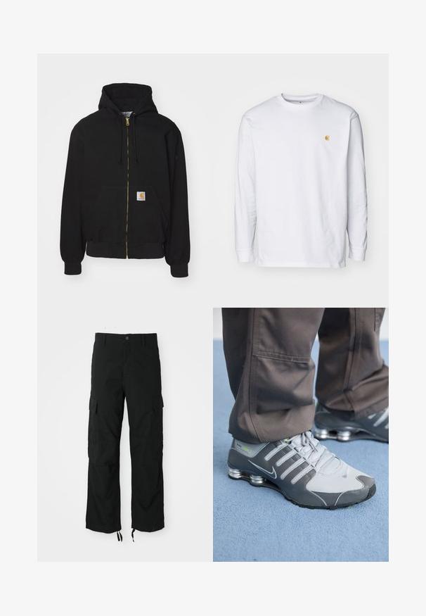 Hoodie zippé noir en mélange de coton. Présente une fermeture éclair dorée, une capuche avec cordon de serrage, une poche kangourou et une petite étiquette logo sur le devant.; T-shirt à manches longues blanc en coton. Présente un petit logo doré sur la poitrine et un col rond. Design simple et coupe standard.; Pantalons cargo noirs en tissu durable, comportant deux poches latérales, une fermeture à bouton et des ourlets ajustables pour un look décontracté et ample.; Des baskets Nike Shox grises et argentées présentent un design élégant, avec des matériaux en mesh et synthétiques, un bout arrondi et un col rembourré.
