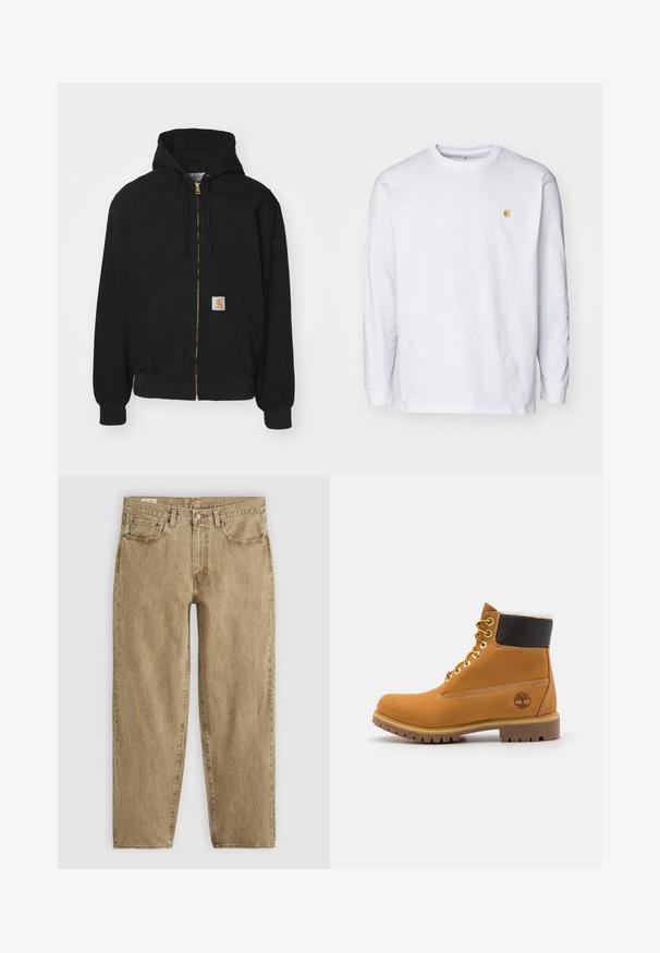 Schwarze Zip-Hoodie aus Baumwollmischung. Mit einem goldenen Reißverschluss, Kordelzugkapuze, Eingrifftasche und einem kleinen Logoetikett auf der Vorderseite.; Weißes Langarm-T-Shirt aus Baumwolle. Mit kleinem goldenem Logo auf der Brust und Rundhalsausschnitt. Einfaches Design und normale Passform.; Beige Denim-Jeans mit lockerer Passform, Fünf-Taschen-Design, sichtbaren Nähten und einem leicht verwaschenen Look; Knopf- und Reißverschluss.; Braune Leder-Ankle-Boots mit Metallösen, weißem Kunstfellfutter, schwarzem gepolstertem Kragen, robustem Sohlenprofil und geprägtem Logo an der Seite.