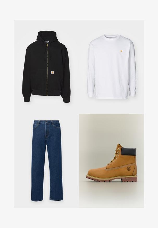 Hoodie zippé noir en mélange de coton. Présente une fermeture éclair dorée, une capuche avec cordon de serrage, une poche kangourou et une petite étiquette logo sur le devant.; T-shirt à manches longues blanc en coton. Présente un petit logo doré sur la poitrine et un col rond. Design simple et coupe standard.; Jean en denim bleu foncé à jambes droites, avec poches avant et fermeture à bouton, présenté sur un fond blanc uni.; Bottine en cuir marron avec col noir, lacets jaunes et semelle beige. Présente un logo et des détails de couture blanche. Semelle extérieure à traction robuste.