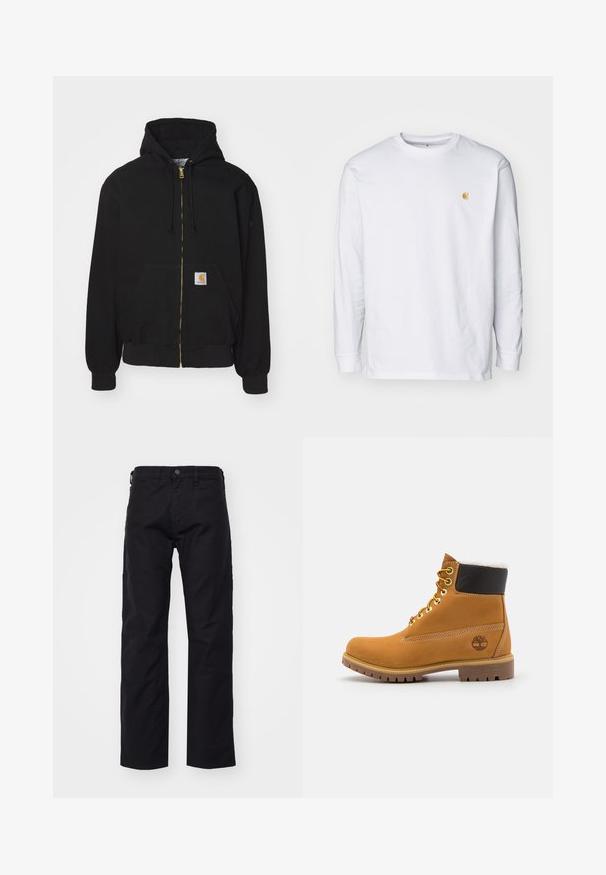 Zwarte zip-up hoodie gemaakt van een katoenmix. Kenmerkt zich door een gouden rits, een capuchon met trekkoord, een buidelzak en een klein logo-label aan de voorkant.; Witte lange mouwen t-shirt van katoen. Voorzien van een klein gouden logo op de borst en een ronde hals. Eenvoudig ontwerp en standaard pasvorm.; Zwarte canvasbroek met een rechte pijp, voorzien van een voorste knoopsluiting, riemlussen en zijzakken. De textuur is soepel en duurzaam.; Bruine leren enkellaars met metalen oogjes, witte faux bont voering, zwarte gewatteerde kraag, robuuste zool en een reliëflogo aan de zijkant.