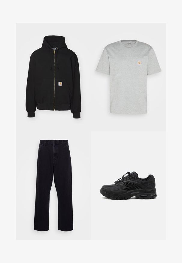 Zwarte zip-up hoodie gemaakt van een katoenmix. Kenmerkt zich door een gouden rits, een capuchon met trekkoord, een buidelzak en een klein logo-label aan de voorkant.; Grijze katoenen t-shirt met korte mouwen en een ronde hals. Bevat een linker borstzak en een klein merklogo in oranje op de zak.; Zwarte denim broek met een rechte pijpdesign, voorzien van een knoop- en ritssluiting, riemlussen en minimale stikdetails.; Zwarte atletische sneaker met textuurstof, dikke gevoerde zool, luchtopeningen en vetersluiting, vanaf de zijkant weergegeven tegen een lichte achtergrond.