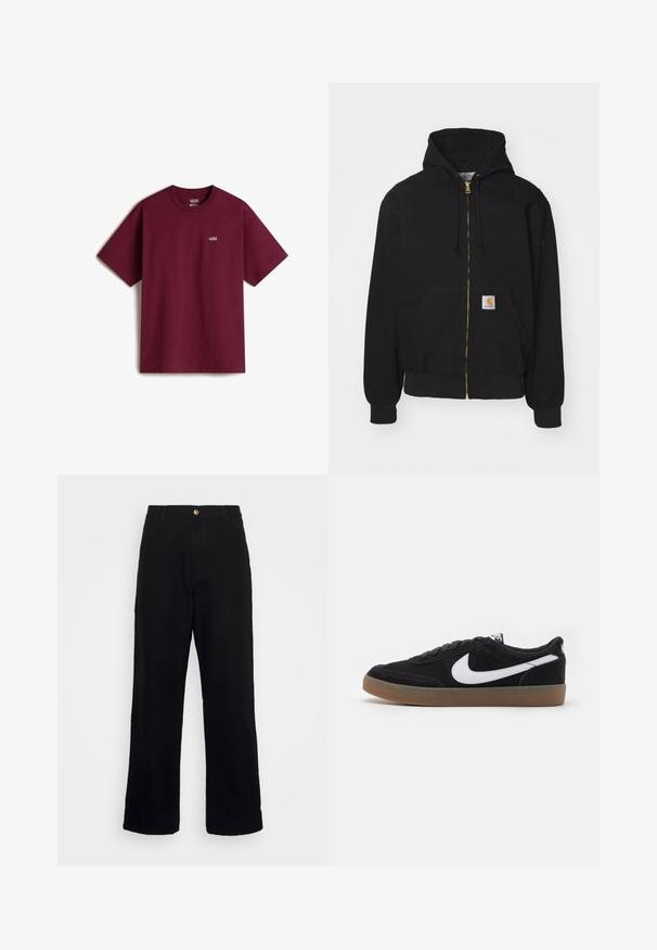 Sudadera con cremallera negra hecha de mezcla de algodón. Cuenta con una cremallera dorada, capucha con cordón, bolsillo tipo canguro y una pequeña etiqueta de logo en la parte frontal.; Camiseta de algodón marrón con mangas cortas, escote redondo y pequeño logo blanco de Vans en el pecho izquierdo. Textura suave, corte holgado.; Pantalones negros de tela pesada, con un diseño de pierna recta, bolsillos frontales, cierre de cremallera y un solo botón metálico.; Zapatillas de skate de ante negro con el logotipo de Nike en blanco, puntera redonda y suela de goma. Presentan un diseño con cordones planos y un collar acolchado.