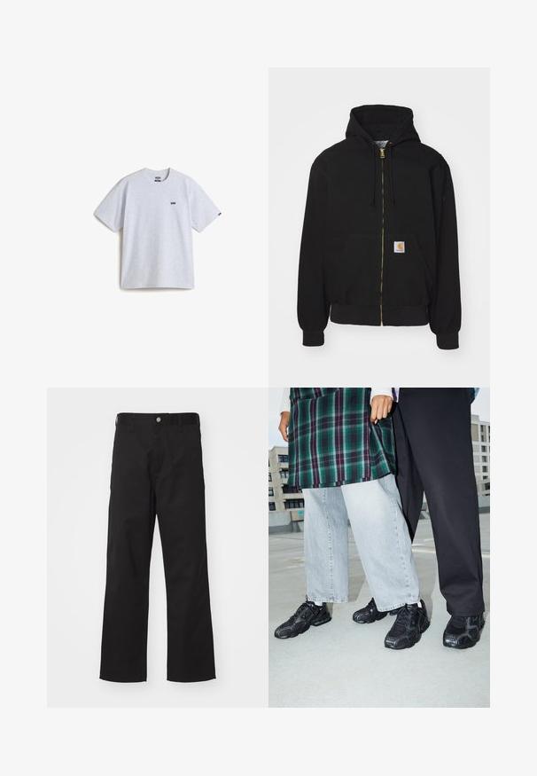 Zwarte zip-up hoodie gemaakt van een katoenmix. Kenmerkt zich door een gouden rits, een capuchon met trekkoord, een buidelzak en een klein logo-label aan de voorkant.; Lichtgrijs T-shirt met korte mouwen, gemaakt van katoen, met een klein zwart logo op de borst en een ronde halslijn. Eenvoudig ontwerp, geen patronen.; Zwarte broek van duurzame stof met een rechte pasvorm, voorzien van een knoopsluiting aan de voorkant, riemlussen en zonder zichtbare patronen of accenten.; Zwarte sportieve schoenen met mesh- en rubberaccenten. Draagt een lichtgrijze wijde spijkerbroek en een groen geruit shirt. Effen achtergrond.
