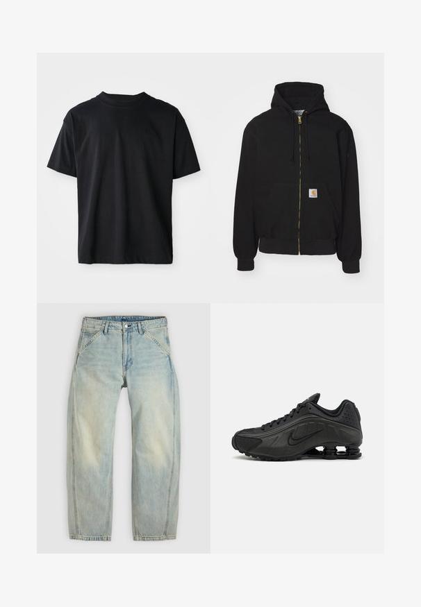 Schwarze Zip-Hoodie aus Baumwollmischung. Mit einem goldenen Reißverschluss, Kordelzugkapuze, Eingrifftasche und einem kleinen Logoetikett auf der Vorderseite.; Schwarzes Crew-Neck-T-Shirt aus Baumwolle. Kurze Ärmel, Standardpassform, keine sichtbaren Muster, minimalistisches Design mit subtilen Logodetails.; Hellblaue Jeans mit weitem Bein aus Denim. Sie verfügen über fünf Taschen, einen Knopfverschluss und ausgewaschene Bereiche für einen getragenen Look.; Schwarze Laufschuhe mit einem glatten synthetischen Obermaterial, durchbrochenen Akzenten, strukturierten Seitenpaneelen und einer ausgeprägten federnden Sohle.