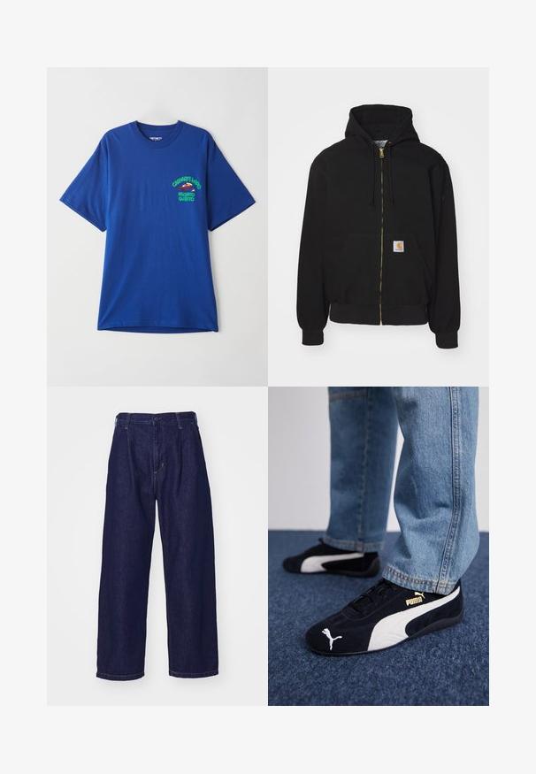 Zwarte zip-up hoodie gemaakt van een katoenmix. Kenmerkt zich door een gouden rits, een capuchon met trekkoord, een buidelzak en een klein logo-label aan de voorkant.; Blauw katoenen T-shirt met korte mouwen, voorzien van een bedrukt ontwerp op de linkerborst in groen en rood, met de tekst "Carhartt WIP" en "Pronto Subito".; Donkerblauwe spijkerbroek, wijd uitlopende stijl, hoge taille, met een knoopsluiting en klassieke vijf-pocket styling. Vlotte textuur, subtiele stiksels.; Zwarte suède sneakers met witte accenten, voorzien van een gouden logo. Gemaakt met lichtblauwe spijkerbroek en geplaatst op een textuur blauwe ondergrond.