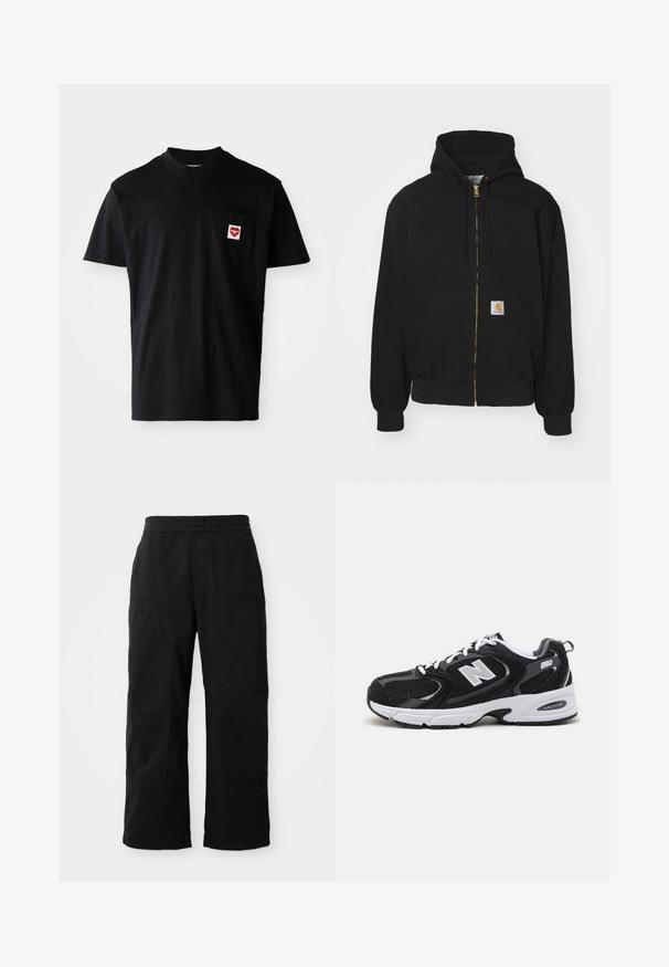 Schwarze Zip-Hoodie aus Baumwollmischung. Mit einem goldenen Reißverschluss, Kordelzugkapuze, Eingrifftasche und einem kleinen Logoetikett auf der Vorderseite.; Schwarzes Baumwoll-T-Shirt mit rundem Halsausschnitt, kurzen Ärmeln und einer linken Brusttasche, die mit einem roten Herz-Patch und weißem Text versehen ist.; Schwarze Baumwollhosen mit einem elastischen Bund, weitem Beinansatz und großen Seitentaschen. Der Stoff wirkt weich mit einer glatten Textur.; Schwarze und graue Sportschuhe mit Obermaterial aus Mesh und Wildleder, ausgestattet mit einer weißen Zwischensohle, Schnürsenkeln und einem markanten "N"-Logo an der Seite.