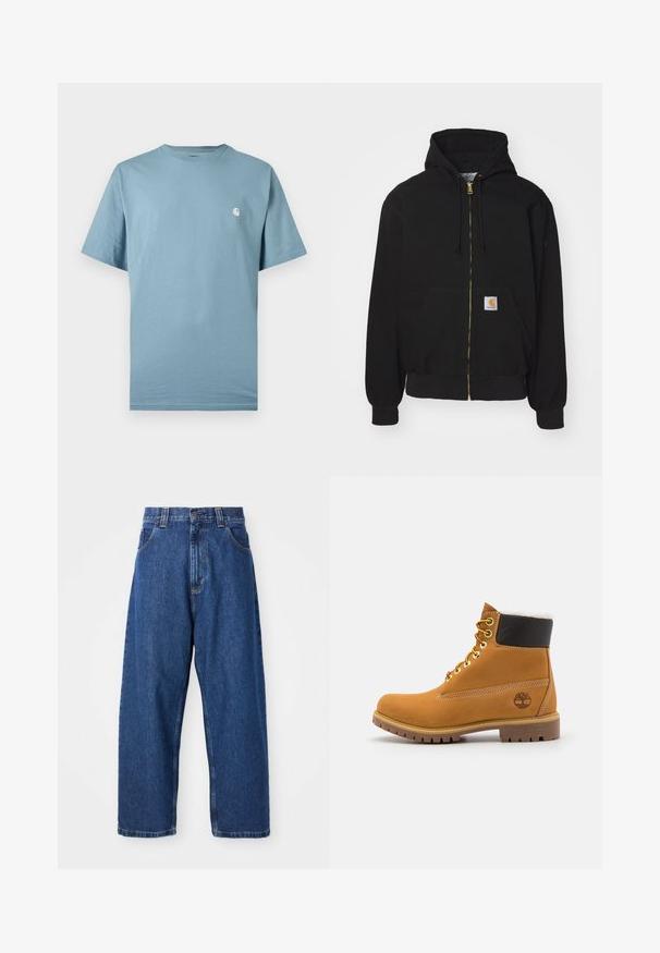 Zwarte zip-up hoodie gemaakt van een katoenmix. Kenmerkt zich door een gouden rits, een capuchon met trekkoord, een buidelzak en een klein logo-label aan de voorkant.; Lichtblauw T-shirt met korte mouwen en ronde hals, met een klein wit logo op de linkerborst, weergegeven tegen een effen achtergrond.; Denim wijde broek in donkerblauw. Kenmerken zijn een hoge taille, riemlussen en een klassiek vijf-pocket ontwerp. Gestikte zoom met een schone afwerking.; Bruine leren enkellaars met metalen oogjes, witte faux bont voering, zwarte gewatteerde kraag, robuuste zool en een reliëflogo aan de zijkant.