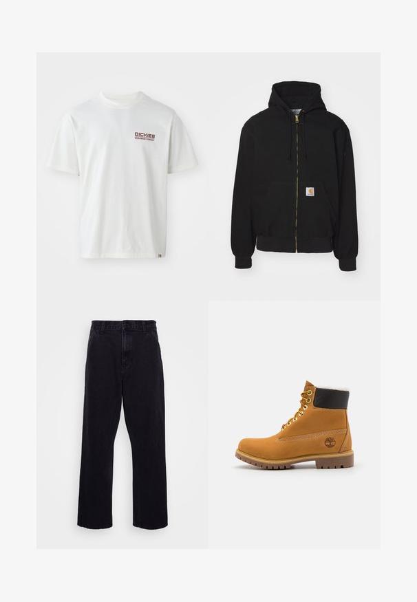 Sudadera con cremallera negra hecha de mezcla de algodón. Cuenta con una cremallera dorada, capucha con cordón, bolsillo tipo canguro y una pequeña etiqueta de logo en la parte frontal.; Camiseta de algodón blanca con mangas cortas, escote redondo y un logo rojo en el área del pecho izquierdo. Diseño liso sin patrones.; Pantalones de mezclilla negros con un diseño de pierna recta, que cuentan con un cierre de botón y cremallera, presillas para cinturón y detalles de costura mínimos.; Botín de cuero marrón con ojales de metal, forro de piel sintética blanca, cuello acolchado negro, suela resistente y logotipo en relieve en el costado.