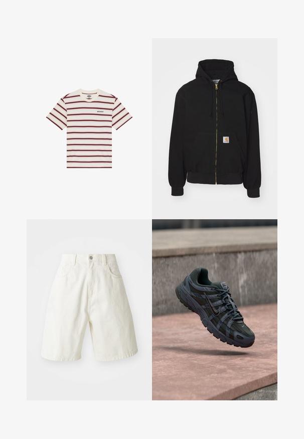 Sort zip-hoodie lavet af bomuldsblanding. Har en gylden lynlås, snoretræk til hætten, kængurulomme og et lille logo-mærke foran.; Kortærmet T-shirt med vandrette maroon- og cremefarvede striber, med "Dickies" logo broderet på venstre bryst.; Hvide denimshorts med en afslappet pasform, der har en talje, fem lommer og lige ben. Stoffet har en let tekstur.; Mørkegrå Nike løbesko med mesh og syntetisk design, svævende over en lyserød betonoverflade med en grå stens baggrund.