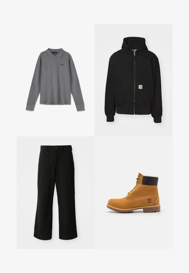 Hoodie zippé noir en mélange de coton. Présente une fermeture éclair dorée, une capuche avec cordon de serrage, une poche kangourou et une petite étiquette logo sur le devant.; Polo à manches longues en tissu rayé gris. Il possède un col, une patte de boutonnage à trois boutons et un branding noir subtil sur la poitrine.; Pantalons noirs à large jambe en tissu doux, dotés de poches avant et d'une fermeture à bouton à la taille. Design minimaliste sans motifs visibles.; Bottine en cuir brun avec œillets en métal, doublure en fourrure blanche, col rembourré noir, semelle robuste et logo en relief sur le côté.