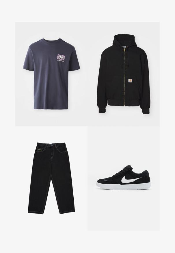 Schwarze Zip-Hoodie aus Baumwollmischung. Mit einem goldenen Reißverschluss, Kordelzugkapuze, Eingrifftasche und einem kleinen Logoetikett auf der Vorderseite.; Marineblaue Baumwoll-T-Shirt mit Rundhalsausschnitt und kurzen Ärmeln. Mit einem geometrischen Grafikdruck in Lila und Weiß auf der linken Brust.; Schwarze Jeans mit geradem Bein, weißer Naht, fünf Taschen, Knopf- und Reißverschluss sowie einem kleinen Markenpatch auf der vorderen rechten Tasche.; Schwarze Wildledersneaker mit weißen Akzenten, runder Zehenform, dicker weißer Sohle und schwarzen Schnürsenkeln. Auffälliges weißes Nike-Logo an der Seite.