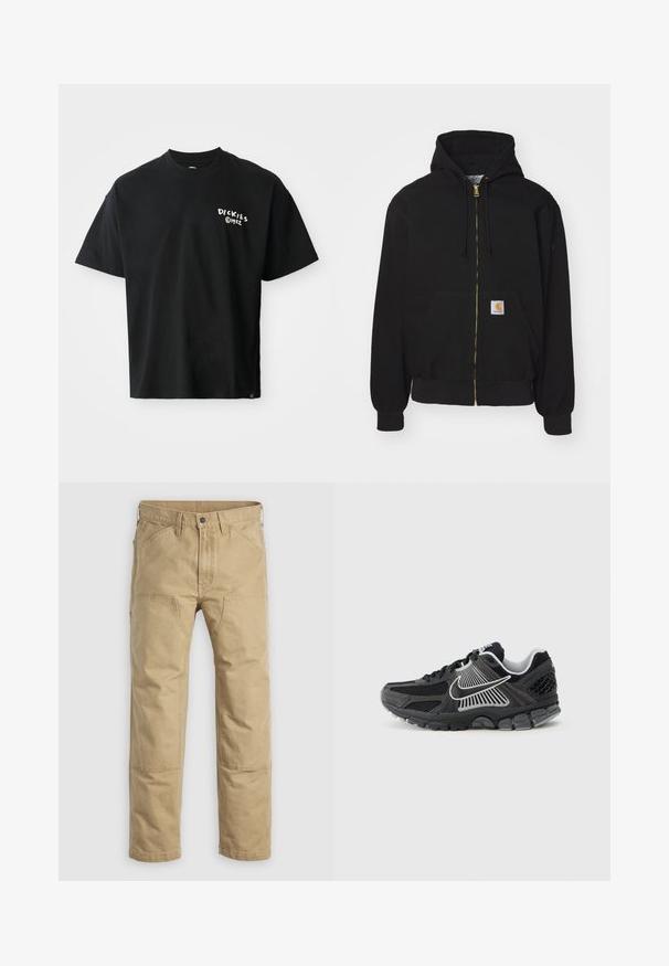 Schwarze Zip-Hoodie aus Baumwollmischung. Mit einem goldenen Reißverschluss, Kordelzugkapuze, Eingrifftasche und einem kleinen Logoetikett auf der Vorderseite.; Schwarzes T-Shirt mit kurzen Ärmeln aus Baumwolle und lockerer Passform. Auf der Vorderseite befindet sich ein weißes "Dickies"-Logo. Rundhalsausschnitt, einfarbig.; Khakifarbene Arbeitshose aus robustem Baumwollstoff, mit geradem Bein, verstärkten Kniepolstern und mehreren Fronttaschen.; Schwarzer Sportschuh mit Mesh-Einsätzen und synthetischen Akzenten. Verfügt über eine abgerundete Zehenpartie, eine dicke gepolsterte Sohle und kontrastreiche weiße Logodetails.