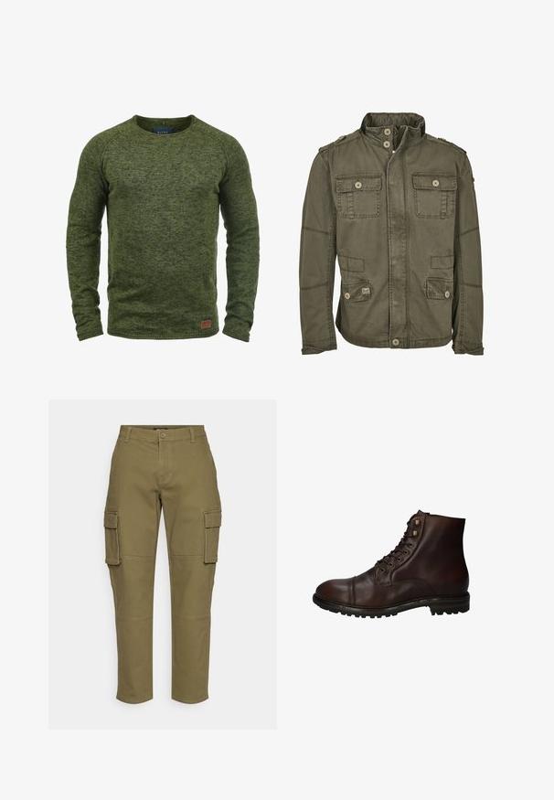 Chaqueta verde oliva hecha de una mezcla de algodón, con un alto cuello, cuatro bolsillos frontales, cierres de botón y epaulettes en los hombros.; Suéter verde hecho de tejido de punto texturizado, con cuello redondo, mangas largas y un pequeño parche de logo marrón en la parte inferior delantera.; Pantalones cargo verdes oliva con un diseño de pierna recta, que presentan bolsillos laterales, un cierre de botón y detalles de costura visibles. Hechos de un tejido duradero.; Bota de tobillo de cuero marrón oscuro con cordones, suela de goma resistente y ojales de metal, vista desde el lado exterior.