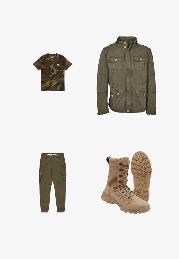 Olijfgroene jas van katoenmix, met een hoge kraag, vier voorzakken, knoopsluitingen en schouderepauletten.; Camo t-shirt in olijfgroen, bruin en zwart, met korte mouwen, ronde halslijn, voorzien van een klein wit logo op de borst. Zacht katoenen materiaal.; Olijfgroene cargo broek met taps toelopende pijpen, voorzien van meerdere klepzakken, een knoopsluiting en elastische boorden; gemaakte van textuur katoen.; Tan tactische laars met veterontwerp tot aan de enkel en stevige rubberen zool, één laars rechtopstaand en één die het profielpatroon toont.
