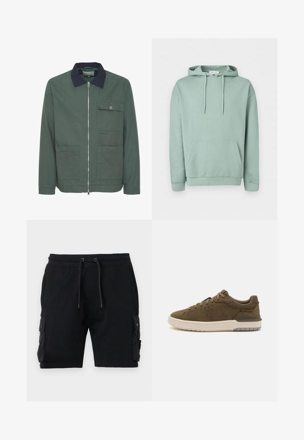 Grøn lynlåsjakke med en navy krave, to for- lommer og en brystlomme. Fremstillet af struktureret stof med minimalistisk design.; Lysegrøn pullover hoodie med forlomme, snøretrækshætte og ribkanter ved manchetter og kant.; Sort cargo shorts lavet af en bomuldsblanding, med to sidelommer, justerbar talje med snor og en glat tekstur.; Mørkegrøn nubuck sneaker med en tekstureret overflade, rund tå og hvidgummisål. Har snørebåndsdesign og minimale perforeringer for åndbarhed.