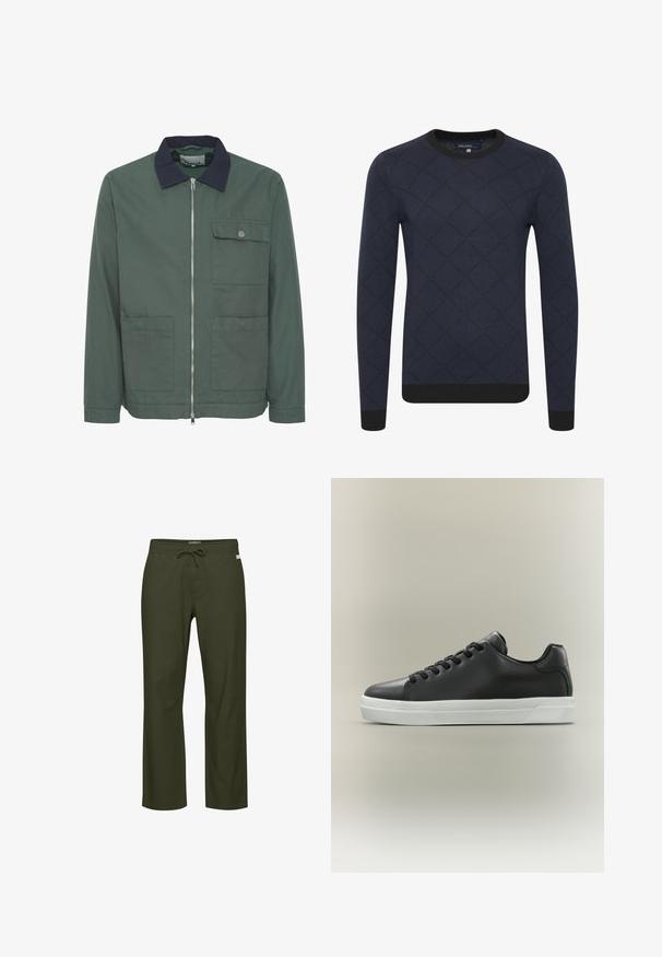 Veste zippée verte avec un col marine, deux poches avant et une poche poitrine. Fabriquée en tissu texturé, avec un design minimaliste.; Pull en maille bleu marine avec un motif en losange, encolure ronde et bord noir aux poignets et à l'ourlet. Le matériau semble doux et texturé.; Pantalon vert olive avec une taille à cordon, une coupe droite, une texture de tissu douce et une petite étiquette logo discrète à l'avant.; Baskets basses en cuir noir avec lacets noirs et semelle en caoutchouc blanche sur fond neutre, vue de côté.