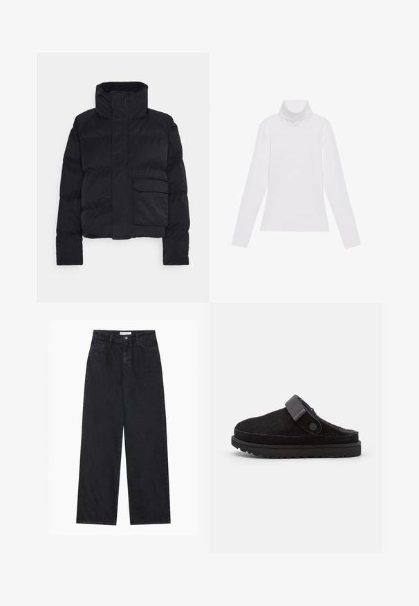 Zwarte pufferjack met een hoge halslijn, cropped ontwerp, lange mouwen en een voorzak. Gemaakt van glad, geïsoleerd materiaal.; Witte lange mouw turtleneck top gemaakt van glad, elastisch materiaal. Voorzien van een hoge kraag en een getailleerd ontwerp, zonder zichtbare patronen of versieringen.; Zwarte high-waisted spijkerbroek met wijde pijpen, frontknopen en ritssluiting, ceintuurlussen en een vijf-pocket stijl.; Zwarte suède instap klompen met een ronde neuzen, zachte textuur, verstelbare band en een dikke rubberen zool met een patroonprofiel voor grip.