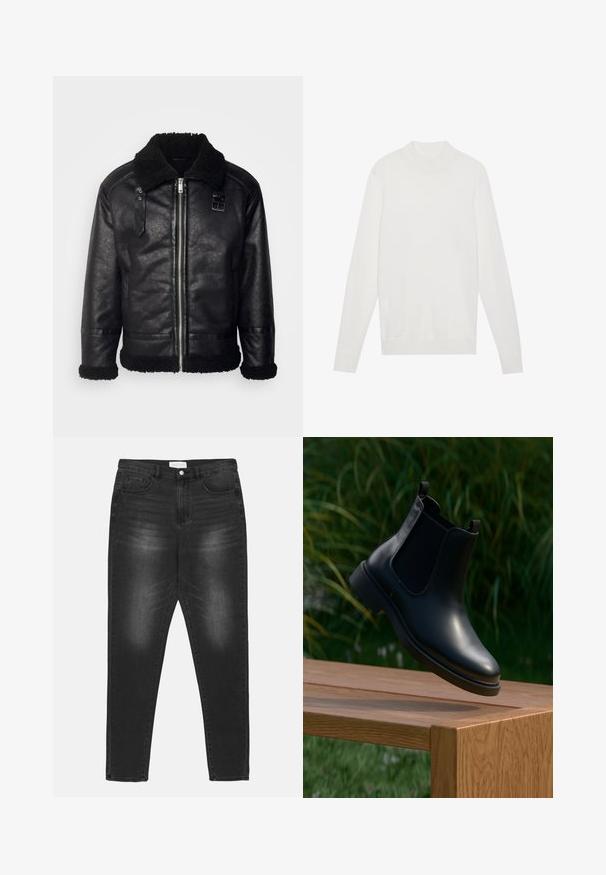 Lindbergh FAUX SHEARLING JACKET - Imitatieleren jas - black; Witte pullovertrui met een hoge halslijn, lange mouwen en geribbelde boorden en zoom. Gemaakt van een zachte gebreide stof. Eenvoudig en aansluitend ontwerp.; Zwarte spijkerbroek van denim met een vervaagde wassing, hoge taille, vijf-pocket ontwerp en zilveren hardware. Rechte pijpen met contrasterende stiksels.; Zwarte leren enkelboot met elastische zijpanelen zwevend boven een houten bank, groene loof achtergrond.