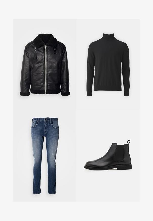 Lindbergh FAUX SHEARLING JACKET - Bunda z nepravej kože - black; Čierny rolák vyrobený z mäkkej látky, s dlhými rukávmi a rebrovaným golierom, s hladkou textúrou a priliehavým strihom.; Antony Morato KURT COMFORT - Džínsy tapered fit - blue denim; Čierne kožené Chelsea topánky s elastickými bočnými panelmi a ťahacou pútkom. Oválny špička a plochá gumová podrážka s hladkým povrchom.
