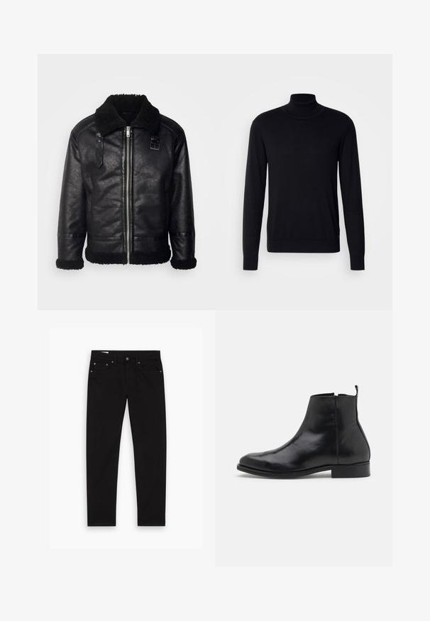 Lindbergh FAUX SHEARLING JACKET - Imitatieleren jas - black; Zwarte coltrui van zacht materiaal. Heeft lange mouwen, ribgebreide kraag en manchetten, met een gladde textuur en zonder patronen.; Zwarte rechttoe rechtaan jeans met voor- en achterzakken, riemlussen en een knoop- en ritssluiting, plat gelegd op een witte achtergrond.; Zign LEATHER - Lage laarzen - black