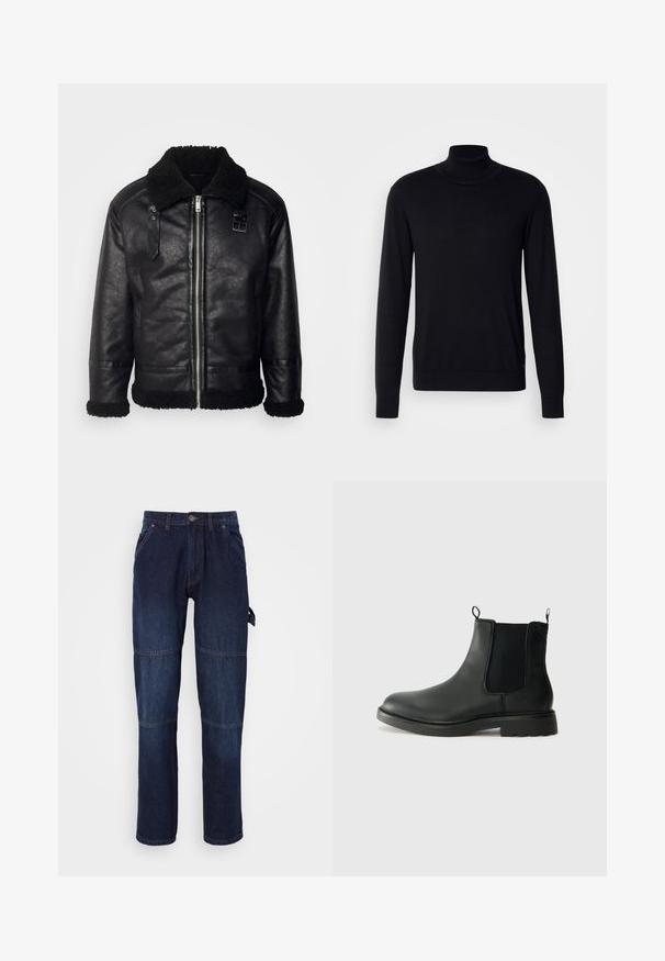 Lindbergh FAUX SHEARLING JACKET - Veste en similicuir - black; Pull à col montant noir en tissu doux. Doté de manches longues, d'un col et de poignets côtelés, avec une texture lisse et sans motifs.; Pantalon en denim bleu foncé avec une coupe droite. Comprend des poches latérales, une fermeture à bouton, et des coutures contrastées au niveau des genoux.; Bottines Chelsea en cuir noir avec des panneaux élastiques sur les côtés, des languettes de tirage, un bout arrondi et une semelle en caoutchouc texturée. Surface lisse et design robuste.