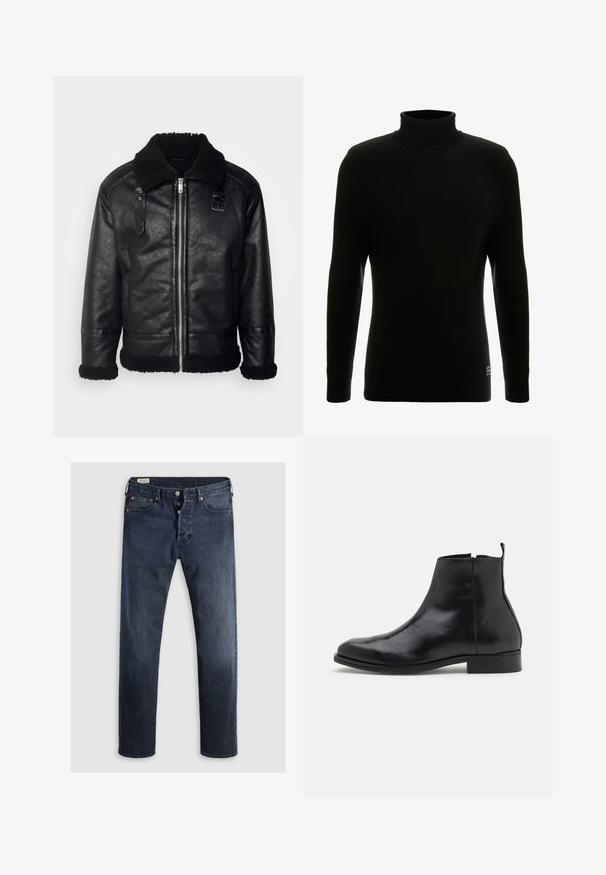 Lindbergh FAUX SHEARLING JACKET - Imitatieleren jas - black; Zwart coltrui met lange mouwen, geribbelde textuur, aansluitende silhouette en klein merklabel aan de onderkant links.; Donkerblauwe denim jeans met een rechte pijp, voorzien van een rits en metalen knopen, en koperen klinknagels. Gladde textuur, geen zichtbare patronen.; Zign LEATHER - Lage laarzen - black