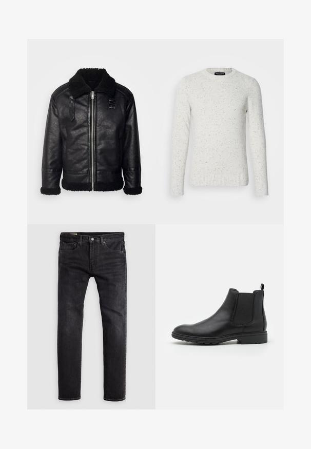Lindbergh FAUX SHEARLING JACKET - Imiteret læderjakke - black; Hvid tekstureret sweater med spottet mønster, rund halsudskæring og ribbede manchetter. Fremstillet af strikket materiale og med lange ærmer.; Sorte denim jeans med lige pasform, som har fem lommer, en knappelukning og synlige sømme langs sømmene.; Sort læder Chelsea-boot med elastiske sidepaneler og en løftestrop, der har en rund tå og en tekstureret gummisål.