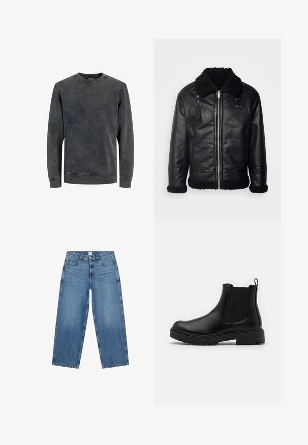 Lindbergh FAUX SHEARLING JACKET - Μπουφάν από συνθετικό δέρμα - black; Γκρι φούτερ με στρογγυλή λαιμόκοψη και μακριά μανίκια, φτιαγμένο από μαλακό, υφασμάτινο υλικό. Έχει ένα ξεθωριασμένο, πλυμένο εφέ και απλές ραφές.; Μπλε τζιν ψηλόμεσο με ίσια μπατζάκια, μπροστινές τσέπες, θηλιές για ζώνη και κλείσιμο με κουμπί και φερμουάρ.; Zign by Zalando LEATHER - Κλασικές μπότες αστραγάλου - black