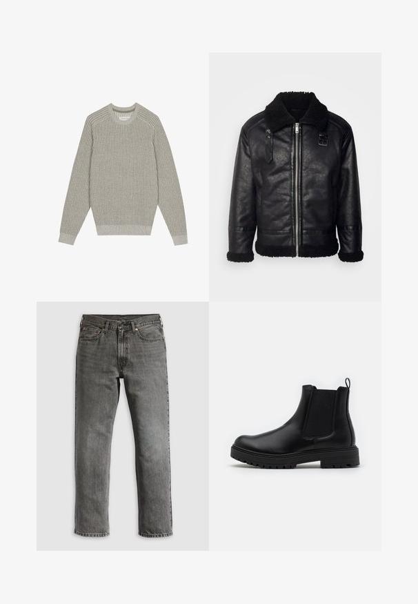 Lindbergh FAUX SHEARLING JACKET - Bunda z nepravej kože - black; Svetlý šedý pletený sveter s rebrovanou textúrou, okrúhlym výstrihom a dlhými rukávmi. Jednoduchý dizajn, elastické lemy, minimálne detaily.; Sivé denimové rifle s priamym strihom nohavíc, vybavené piatimi vreckami, medenými nitmi a viditeľným prešívaním. Klasický dizajn so zipsom na zapínanie.; Zign by Zalando LEATHER - Klasické členkové čižmy - black