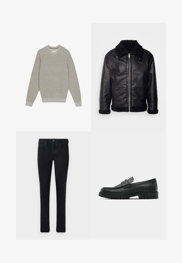 Lindbergh FAUX SHEARLING JACKET - Bunda z nepravej kože - black; Svetlý šedý pletený sveter s rebrovanou textúrou, okrúhlym výstrihom a dlhými rukávmi. Jednoduchý dizajn, elastické lemy, minimálne detaily.; Tmavé džínsy s úzkym strihom, dizajnom s piatimi vreckami a kovovým zapínaním. Hladká textúra a rovnomerná farba po celom povrchu.; Čierne kožené mokasíny s okrúhlou špičkou, s prešitým dizajnom, nízkou platformou a textúrovanou, zúbkovanou gumovou podrážkou.