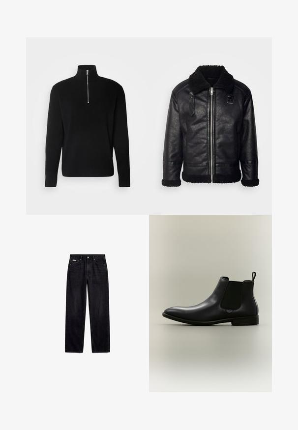 Lindbergh FAUX SHEARLING JACKET - Μπουφάν από συνθετικό δέρμα - black; Lindbergh HALF ZIP RIB KNIT - Πουλόβερ - black; Μαύρο τζιν με ίσια γραμμή, πέντε τσέπες, μεταλλικό κουμπί και ετικέτα Calvin Klein στην μικρή μπροστινή τσέπη.; Μαύρο δερμάτινο μποτάκι Chelsea με ελαστικές πλευρικές πάνελ, ταινία έλξης στη φτέρνα, χαμηλό παχουλό τακούνι και μυτερή μύτη σε ουδέτερο φόντο.