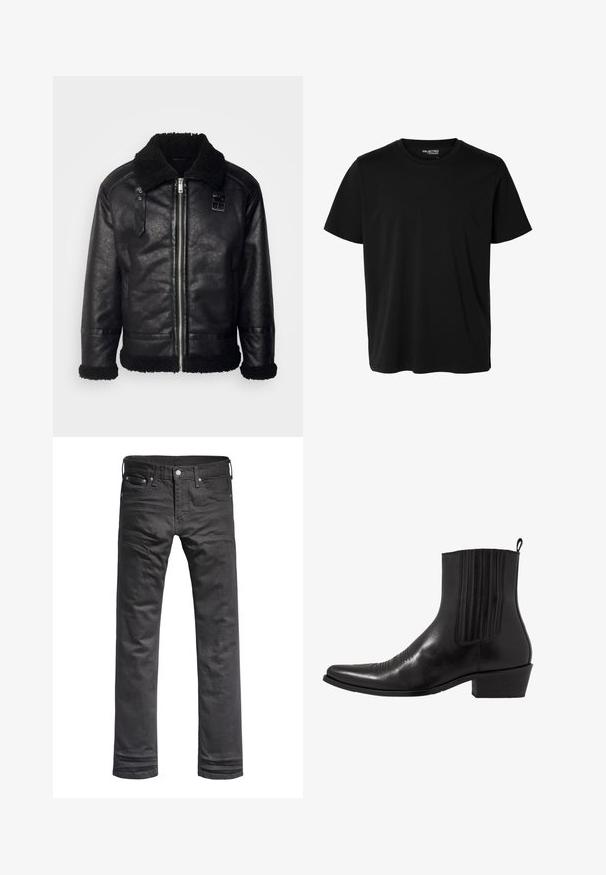 Lindbergh FAUX SHEARLING JACKET - Veste en similicuir - black; T-shirt noir uni à manches courtes et col rond pour homme, sans motifs ni logos visibles à l’avant.; Jeans en denim noir avec un design classique à jambes droites. Comprend des poches avant, une fermeture à bouton et des détails de couture subtils.; Bottine noire en cuir avec un bout pointu, des panneaux latéraux élastiques, des accents de coutures verticales et un petit talon bloc.