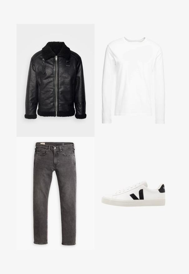 Lindbergh FAUX SHEARLING JACKET - Bunda z nepravej kože - black; Biela tričko s dlhým rukávom vyrobené z mäkkej bavlny. Okrúhly výstrih s rovnými lemami a bez viditeľných vzorov alebo grafiky.; Šedé denímové nohavice so strižením v rovnom strihu, dizajnom s piatimi vreckami a gombíkovým zapínaním. Obsahujú jemné blednutie a tónovité šitie po celom obvode.; Biele kožené tenisky s čiernymi semišovými akcentmi; majú gumovú podrážku, okrúly špičku a klasický šnurovací dizajn. Na boku logo v čiernej farbe.