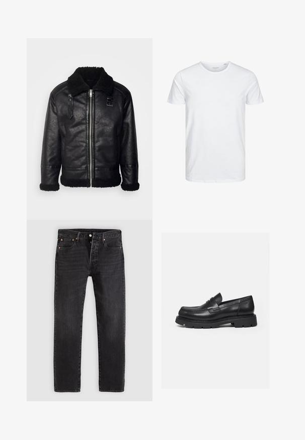 Lindbergh FAUX SHEARLING JACKET - Veste en similicuir - black; T-shirt à col rond à manches courtes de couleur blanche unie, fabriqué en coton doux, avec un design simple sans motifs ni accents visibles.; Jean en denim noir à coupe droite, avec deux poches avant, une poche à monnaie et des rivets en métal. Design classique à cinq poches.; Mocassin en cuir noir avec semelle épaisse crantée et détail de bride penny, présenté en profil droit sur fond blanc.