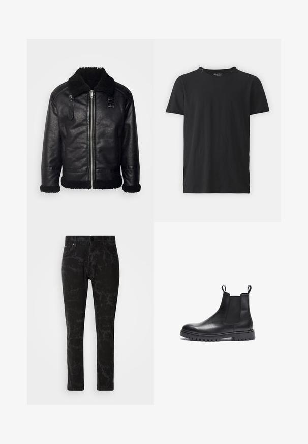 Lindbergh FAUX SHEARLING JACKET - Imiteret læderjakke - black; Sort bomulds t-shirt med rund halsudskæring og korte ærmer. Har et enkelt design uden mønstre eller accenter. Simpel og alsidig.; Sorte denim jeans med et marmor mønster, lige ben design, fem-lomme stil og en knaplukning i taljen.; Sorte læder Chelsea-støvler med tekstureret finish, elastiske sidepaneler og trækflapper. Har en kraftig gummisål med mønster.