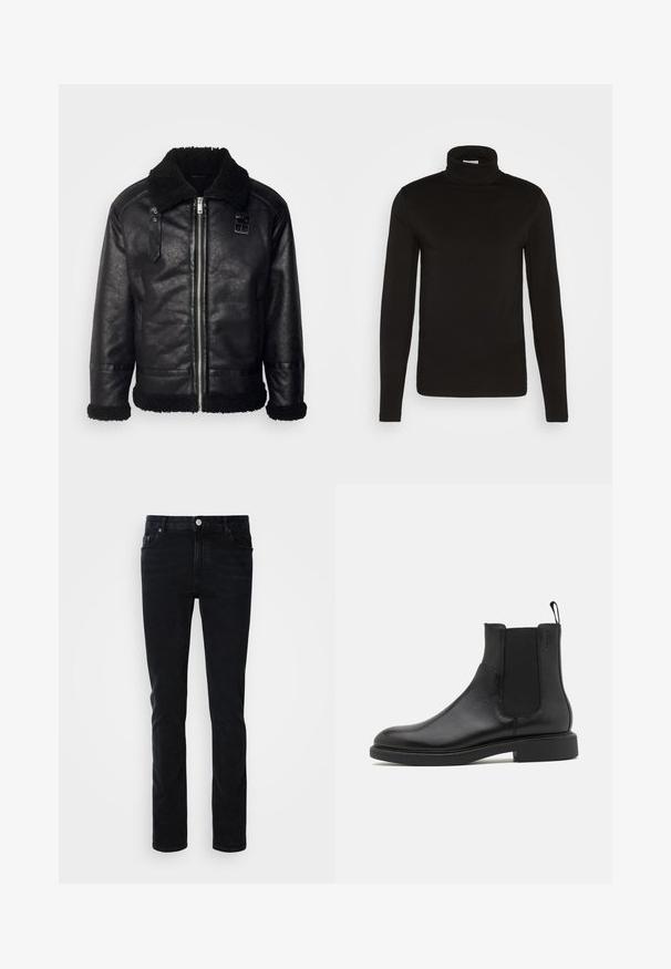 Lindbergh FAUX SHEARLING JACKET - Kunstlederjacke - black; Schwarz, langärmliges Turtleneck-Shirt aus einem glatten Stoff mit figurnaher Passform und hohem, enganliegendem Kragen. Keine sichtbaren Muster oder Akzente.; Schwarze Denim-Jeans mit einer schmalen Passform, ausgestattet mit einer Vordertasche, Gürtelschlaufen und einem Knopfverschluss. Glatte Textur, minimalistisches Design.; Schwarze Leder-Ankle-Boots mit glatter Textur, elastischen Seitenpaneelen und einer Zuglasche. Runde Zehenpartie und flache Gummisohle mit minimalem Profil.