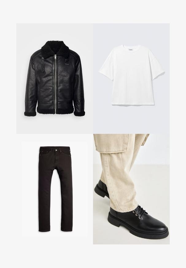 Lindbergh FAUX SHEARLING JACKET - Veste en similicuir - black; T-shirt blanc oversize à manches courtes, col rond, épaules tombantes, posé à plat sur fond gris clair.; Jean slim noir avec cinq poches et fermeture à bouton, présenté à plat sur un fond blanc.; Steve Madden ZEKE - Bottines à lacets - black