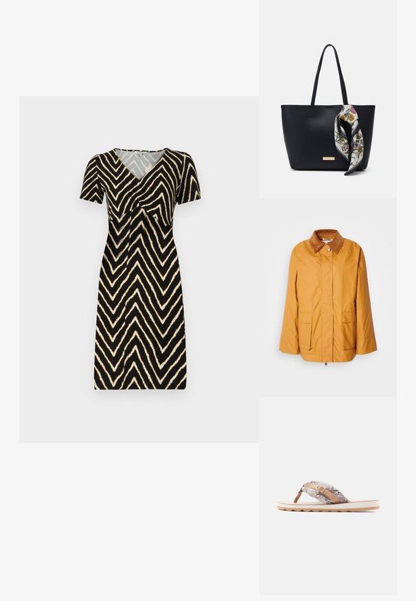 Veste légère jaune avec un col en velours côtelé marron, deux poches avant et une coupe droite. Tissu lisse avec des détails de couture minimaux.; Robe à manches courtes noire avec un motif zigzag crème, dotée d'un col en V et d'un détail froncé au niveau de la poitrine, fabriquée en tissu doux.; Sandale plate avec des brides rembourrées beige à motif serpent, une petite boucle avec un charme, et une semelle épaisse blanche avec une bande de roulement marron clair.; Sac fourre-tout en cuir noir avec deux poignées, orné d'une écharpe en soie florale attachée à la poignée et d'un accent logo métallique à l'avant.