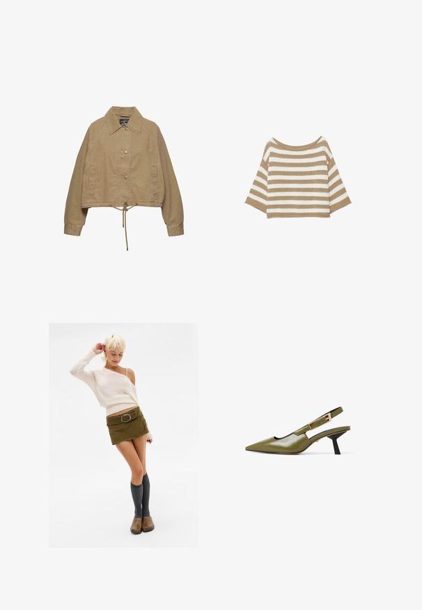 Veste courte beige avec col, boutons-pression à l’avant, manches longues, poches latérales et cordon ajustable à l’ourlet.; Pull en maille avec des rayures horizontales beige et blanches, manches larges arrivant au coude et encolure ronde large.; Femme aux cheveux blonds courts portant un pull crème à épaules dénudées, une mini-jupe verte avec une ceinture, des chaussettes grises montantes jusqu'aux genoux et des sabots marron, posant.; Chaussure à brides arrière en cuir verni vert avec un bout pointu, boucle ajustable et un petit talon noir. Design découpé sur les côtés.